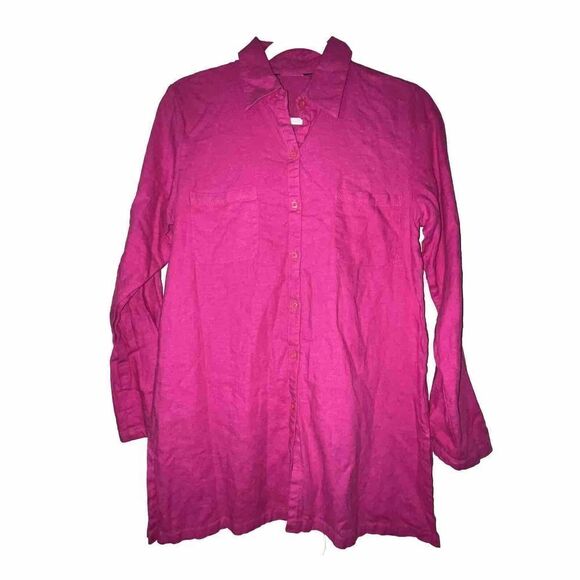 Linen Blouse Top Sz Small Fuchsia Pink Button Down Long Line‎ Side Slits Beach - Picture 1 of 8